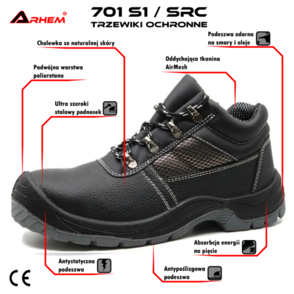 Obuwie ochronne ze stalowym podnoskiem 701 S1 SRC rozmiary 40-46 Arhem