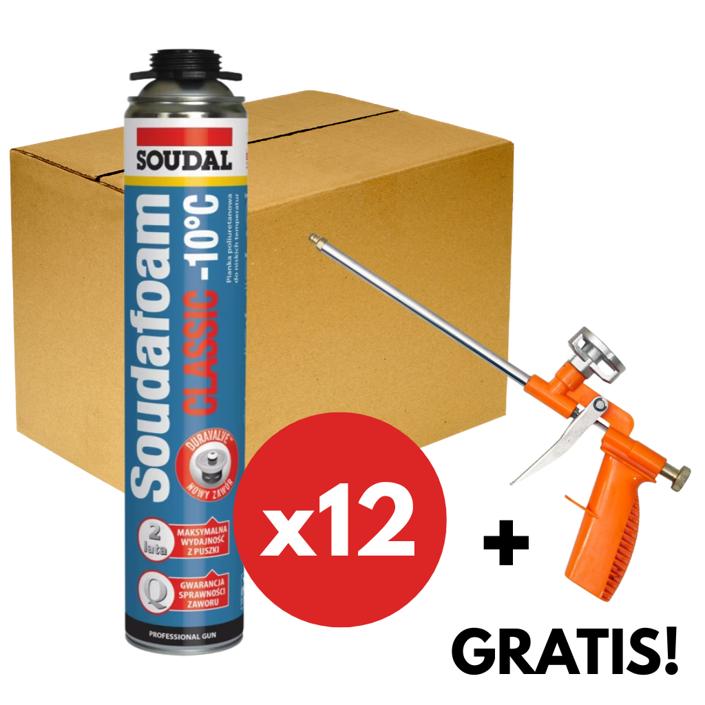 Pianka montażowa Soudal zimowa 750 ml x12 + pistolet