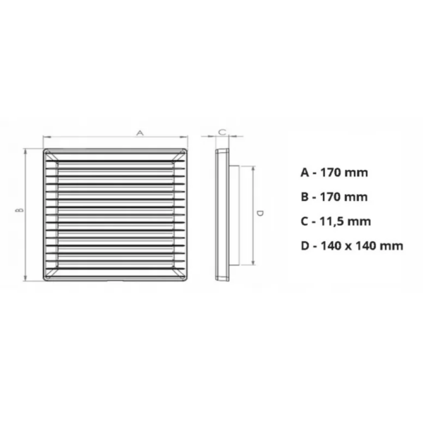 Kratka wentylacyjna z 17x17 z siatką 14x14 tech
