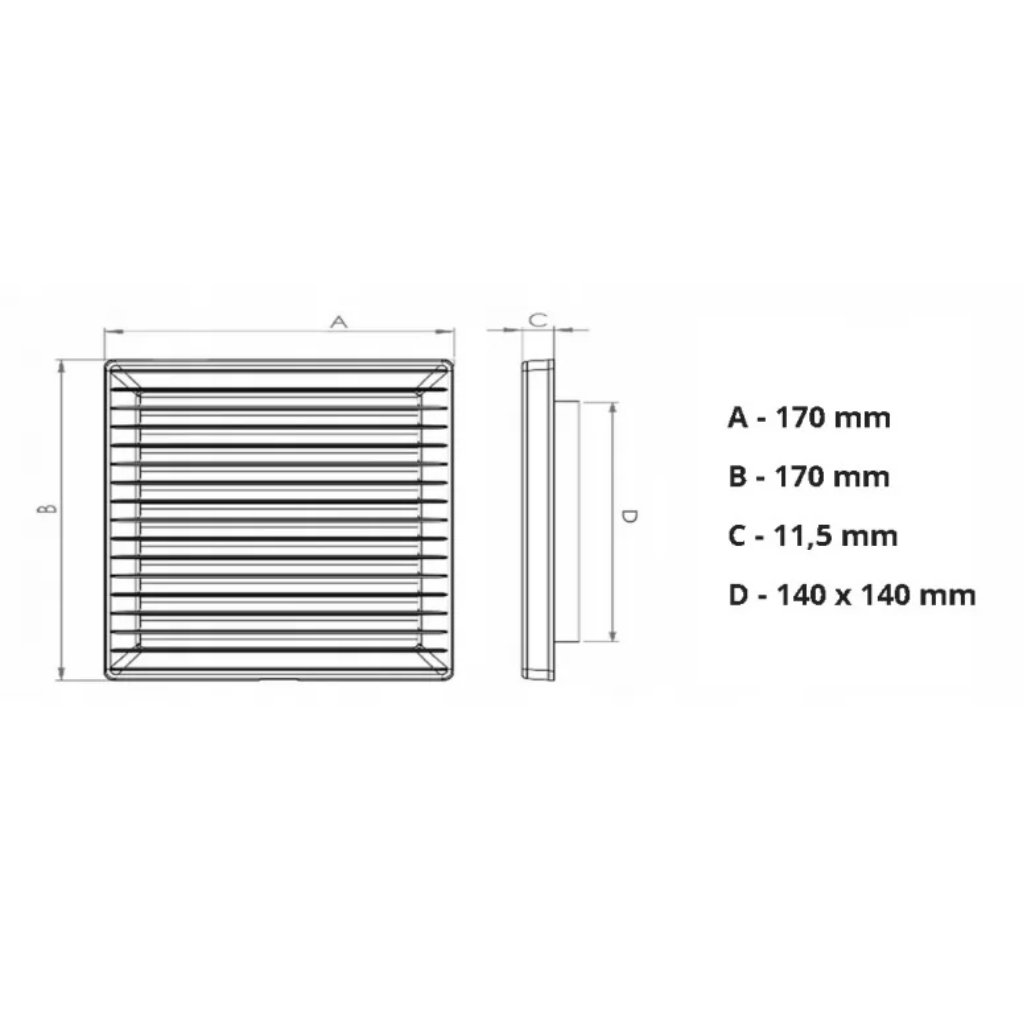 Kratka wentylacyjna 170x170mm z siatką kanałem 140x140mm szara