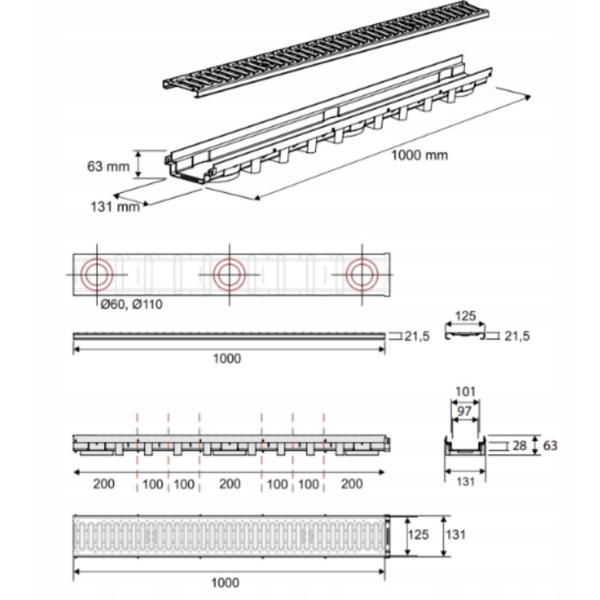 Odpływ liniowy Korytko A15 do 1,5T 1000x131x63 mm z kratką stalową ocynk